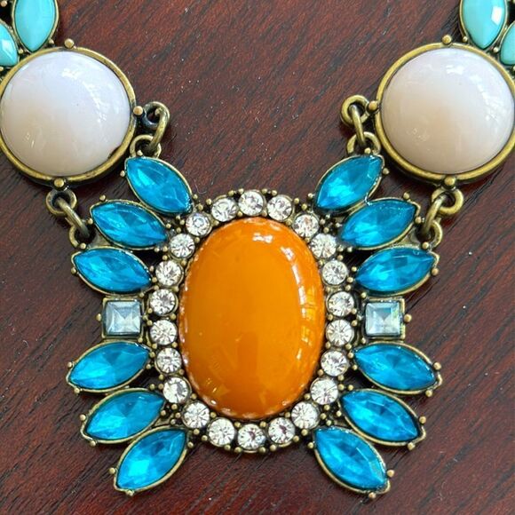 Betsey Johnson Orange & Blue Crystal Flower Boho Choker Statement Necklace - Picture 3 of 6